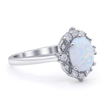 Halo Ballerina Style Oval Fashion Ring Lab Created White Opal 925 Sterling Silver Wholesale